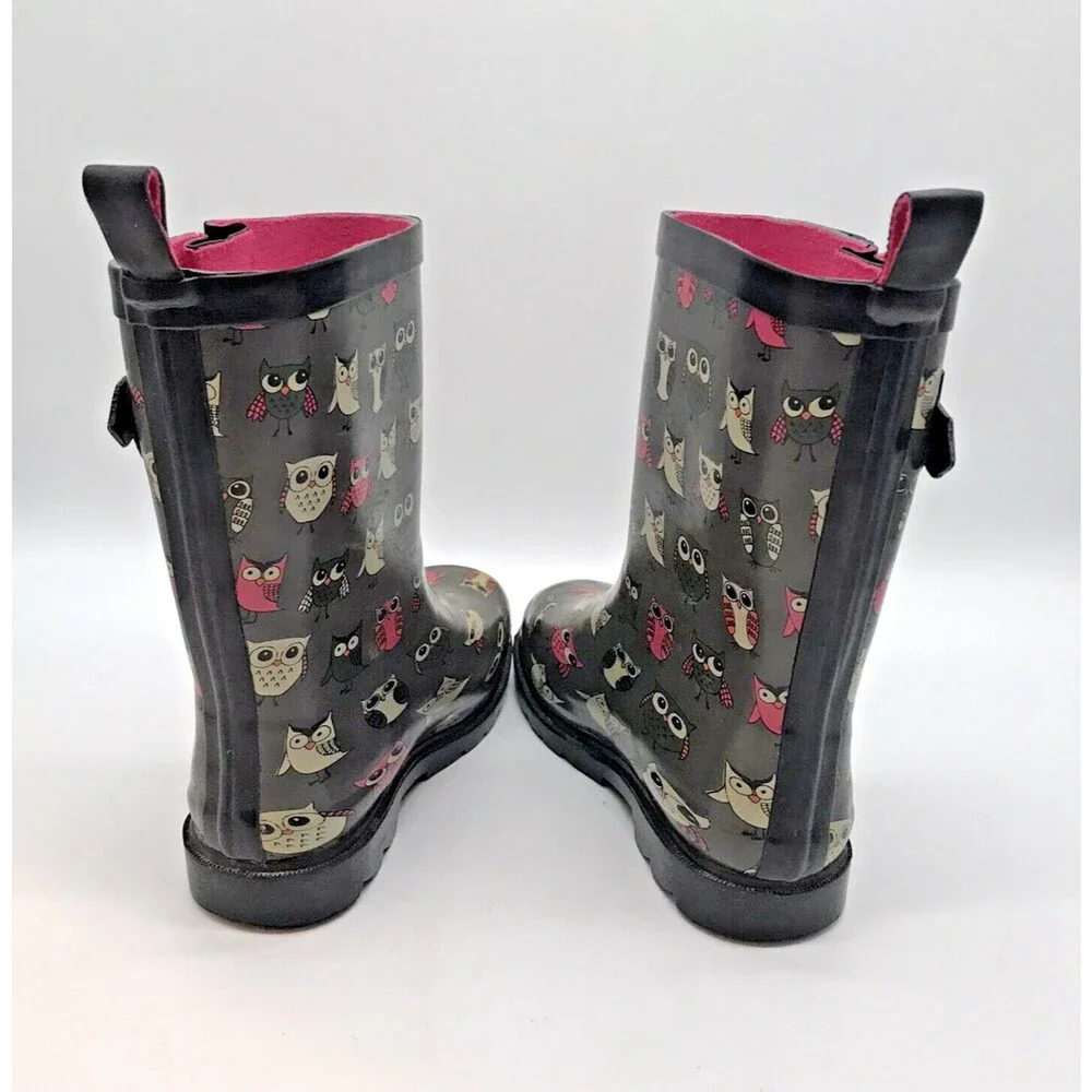 Capelli New York Shiny Pop Owl Printed Rain Boots Kid's 2 Gray Black Rain Gear